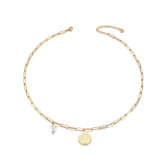 Disc Coin with Love-shaped Pearl Pendant Necklace