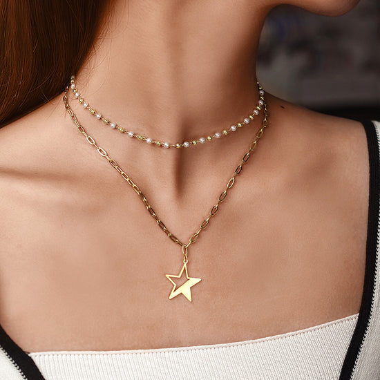 Layered Pearl Beaded Star Pendant Necklace