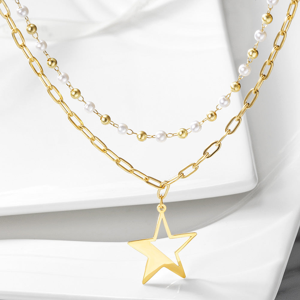 Layered Pearl Beaded Star Pendant Necklace