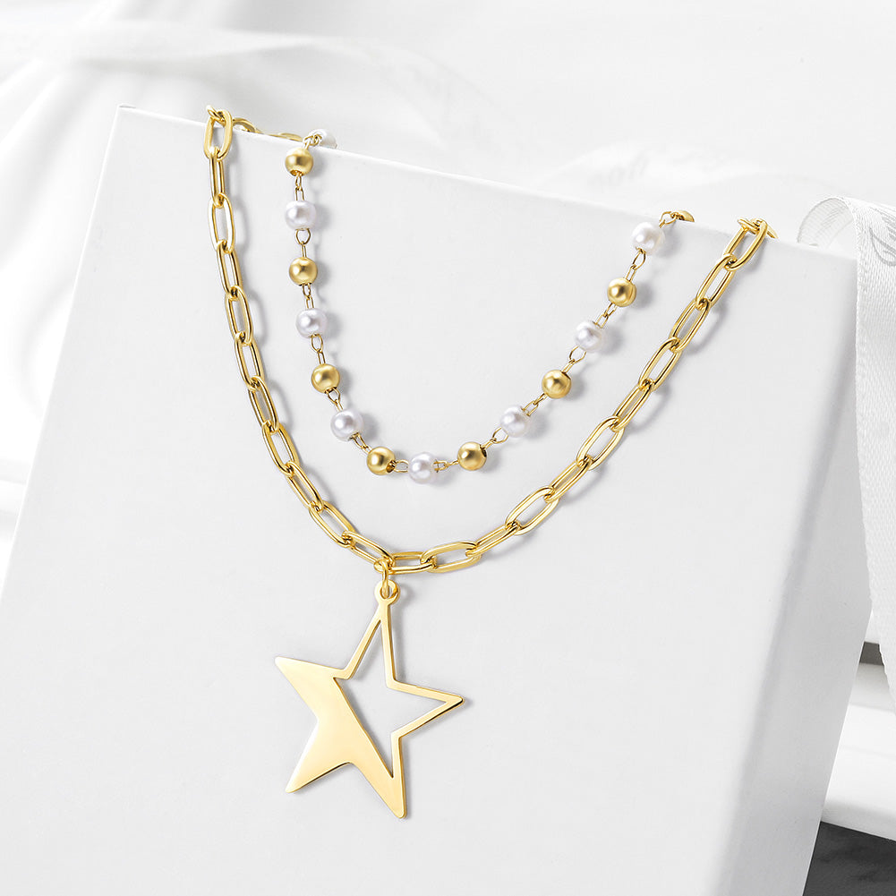 Layered Pearl Beaded Star Pendant Necklace