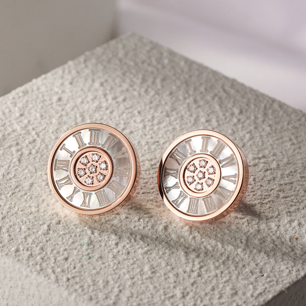 ROMAN NUMERALS SHELL CZ ROUND EARRINGS