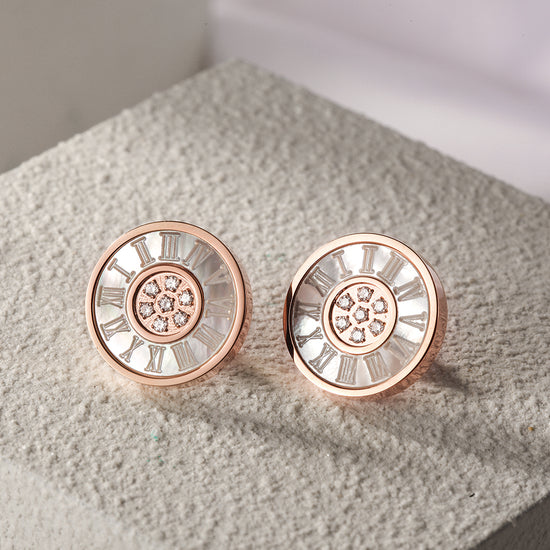 ROMAN NUMERALS SHELL CZ ROUND EARRINGS