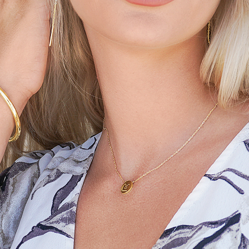 GLOSSY GOLD ROUND ZODIAC NECKLACE